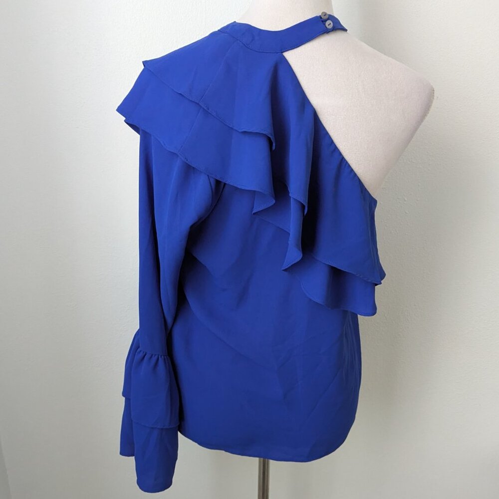 Gold Ray Cobalt Blue Ruffle One Shoulder Collared Blouse, Medium